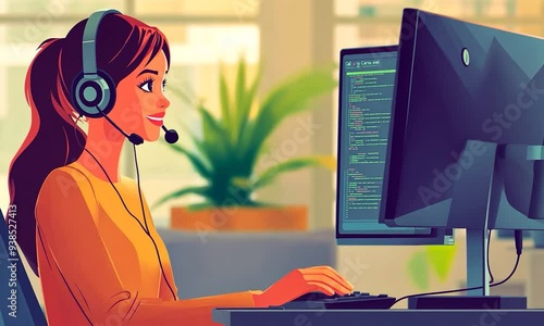 2D cartoon style illustration of a call center operator assisting customers Contemporary and vibrant design