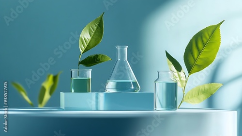 Minimalist empty display product presentation scene with laboratory equipment On a blue background fresh green tea leaves on flasks and glass podium decorated Space to place your produ : Generative AI photo