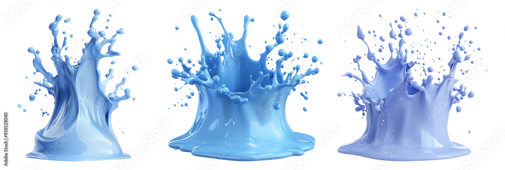 Splashing blue liquid in various dynamic shapes isolated on transparent background Splashing blue liquid in various dynamic shapes isolated on transparent background