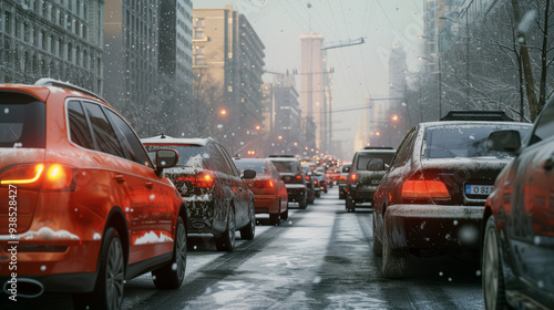 City street during snowfall at afternoon