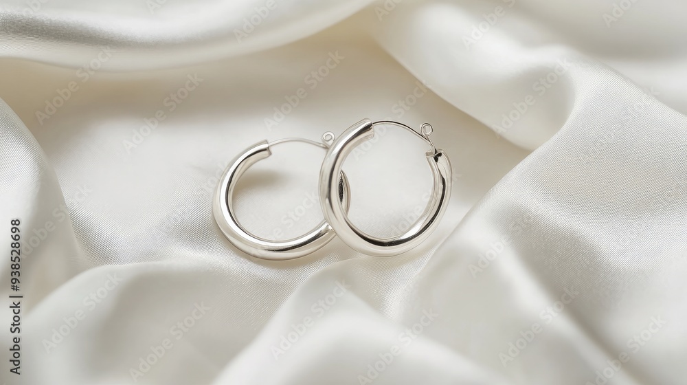 A pair of silver hoop earrings, displayed on a white silk background, highlighting timeless beauty A pair of silver hoop earrings, displayed on a white silk background, highlighting timeless beauty
