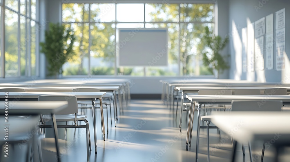 back to school concept empty classroom with white tables and chairs : Generative AI back to school concept empty classroom with white tables and chairs : Generative AI