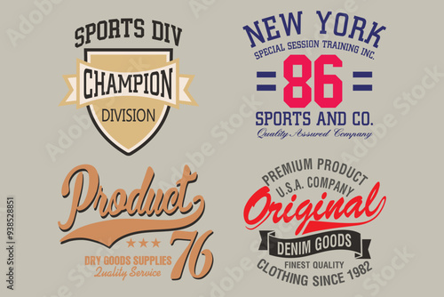 Sport wear typography emblem collection, T-shirt stamp graphic set, skate vintage tee print, athletic apparel design graphic print. Vintage Print for sportswear apparel, Athletic sport labels typograp