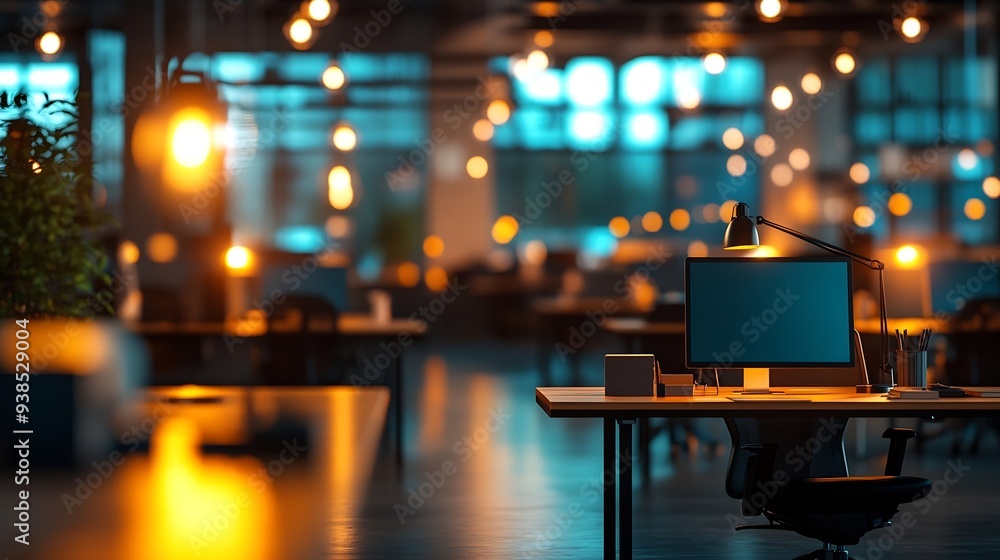 Interior of modern office with desks and glowing lamps : Generative AI Interior of modern office with desks and glowing lamps : Generative AI
