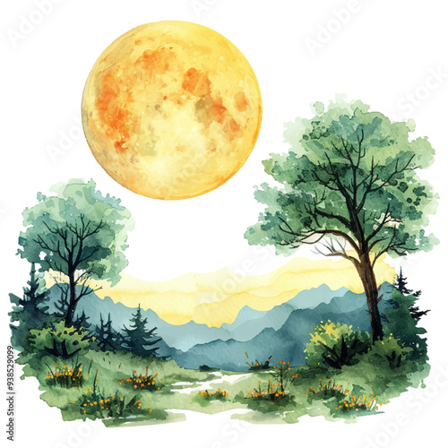 moonlit nature vector illustration in watercolor style