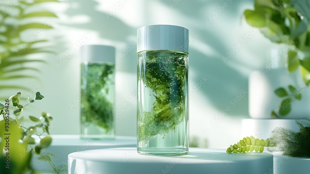 Front view of seaweed leaves on flasks and transparent podium decorated on backlit background Scene for advertising cosmetic of seaweed extract has the effect of treating acne detoxing : Generative AI Front view of seaweed leaves on flasks and transparent podium decorated on backlit background Scene for advertising cosmetic of seaweed extract has the effect of treating acne detoxing : Generative AI