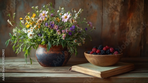 Summer Still Life with Flowers and Blackberries