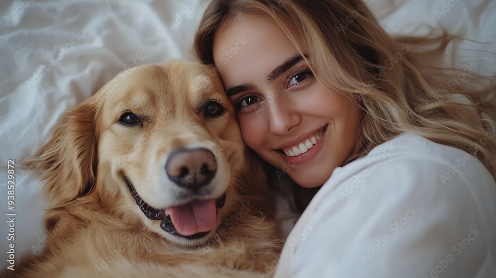 Relaxed home setting Adorable beautiful woman using modern smartphone for taking selfie with golden retriever in bed Smiling female embracing favorite pet and enjoying positive moment : Generative AI Relaxed home setting Adorable beautiful woman using modern smartphone for taking selfie with golden retriever in bed Smiling female embracing favorite pet and enjoying positive moment : Generative AI