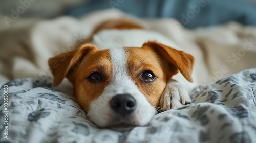 Close up of pet dog lying on bed at home animals pets and domestic life : Generative AI