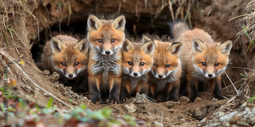 Fototapeta premium Young foxes emerging from their den to explore the garden