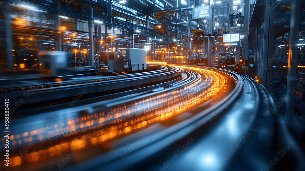 Close up of a curved conveyor belt in a modern factory with glowing orange lights. Close up of a curved conveyor belt in a modern factory with glowing orange lights.