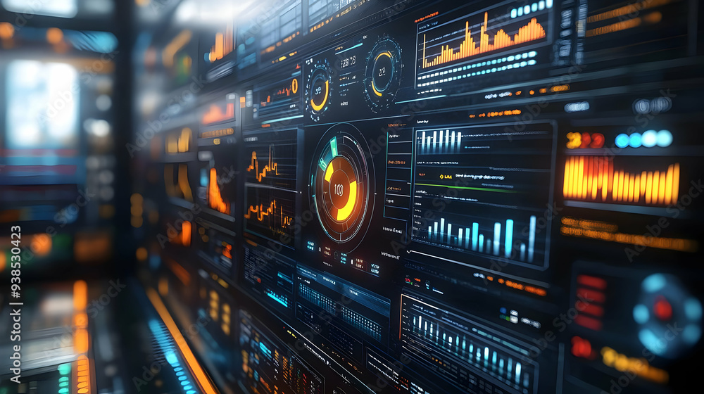 Close up of a futuristic dashboard display with glowing orange and blue graphics. Close up of a futuristic dashboard display with glowing orange and blue graphics.