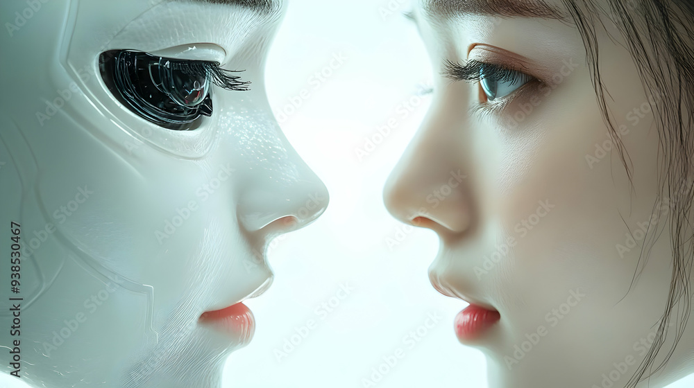 Close up of a human woman and a robot woman facing each other, with their faces in focus. Close up of a human woman and a robot woman facing each other, with their faces in focus.