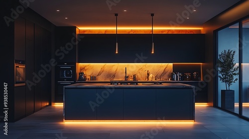 stylish luxury kitchen interior in an ultramodern spacious apartment in dark colors with super cool led lighting and an island for cooking : Generative AI