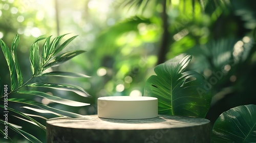 Minimal podium table top outdoors blur green leaf tropical forest plant backgroundbeauty cosmetic healthy natural product placement pedestal displayjungle paradise concept : Generative AI photo