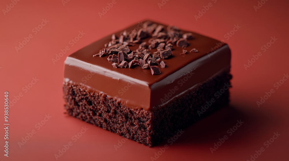 Close-up of a square chocolate cake in studio photography. Dark brown cake with glossy chocolate frosting cut into square slices.