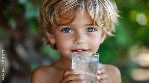 Horizontal closeup portrait of cute blond 6 years old caucasian boy looking at camera holding and drinking a glass of pure mineral water outdoors in summer Healthy lifestyle and refres : Generative AI