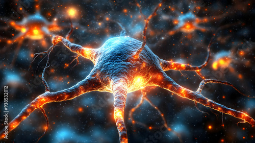 Close-up of a glowing neuron with a detailed cellular structure against a dark, starry background. photo