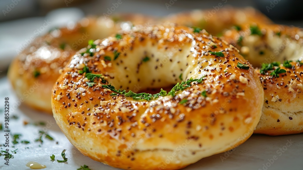 Bagels with butter and herbs on a white table for breakfast : Generative AI Bagels with butter and herbs on a white table for breakfast : Generative AI