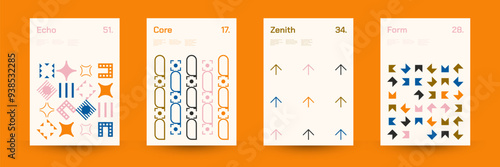 Diverse Set of Geometric Patterns: Wide Range of Symmetrical Geometric Shapes and Repeating Forms. Abstract Mosaic Poster Background. Vector Illustration.