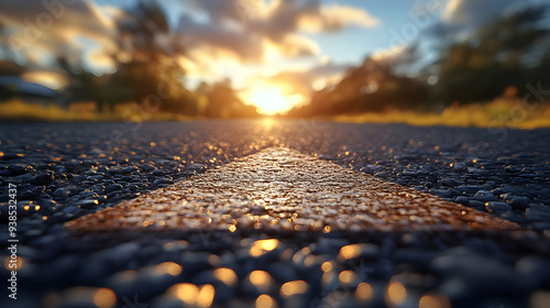 Close-up of a road leading towards a bright sunset. photo