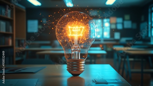 Virtual creative light bulb with chip hologram on empty classroom background artificial Intelligence and neural networks concept Multiexposure : Generative AI photo