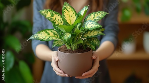 Repotting and caring home plant dieffenbachia Cheetah into new pot in home interior Woman breeds and grows plants as a hobby holds Varietal diffenbachia with large spotted leaves large : Generative AI photo