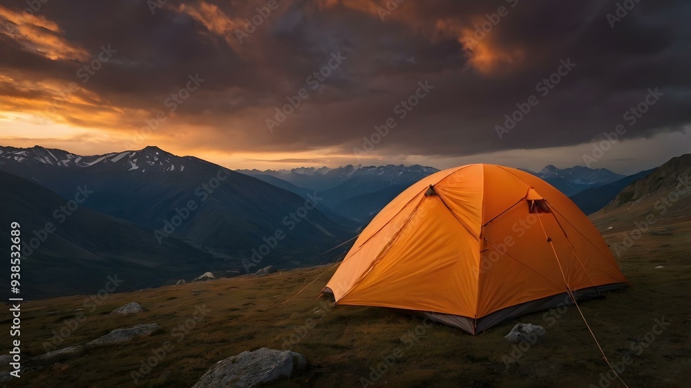 Glowing orange tent in the mountains under dramatic evening sky Glowing orange tent in the mountains under dramatic evening sky