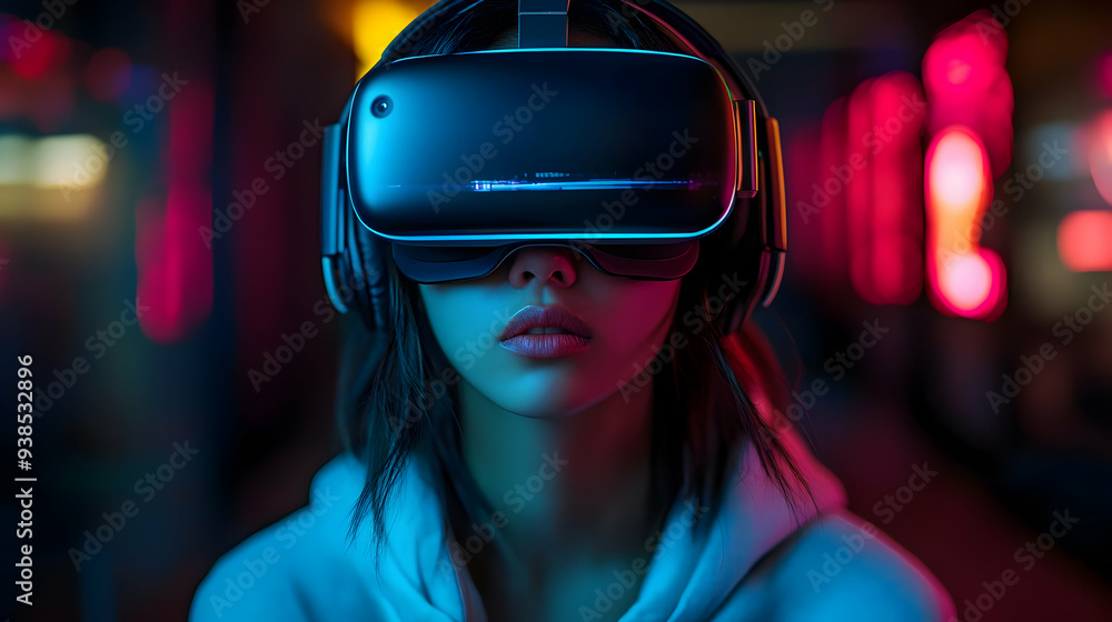 Close-up of a woman wearing a VR headset with neon lights in the background. Close-up of a woman wearing a VR headset with neon lights in the background.