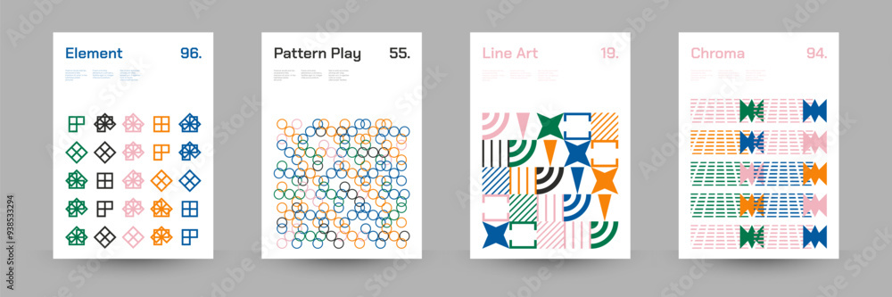 Fototapeta premium Diverse Set of Geometric Patterns: Wide Range of Symmetrical Geometric Shapes and Repeating Forms. Abstract Mosaic Poster Background. Vector Illustration.