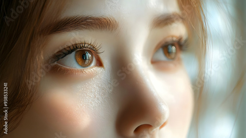 Closeup of a woman's eye with long eyelashes, looking off to the side.