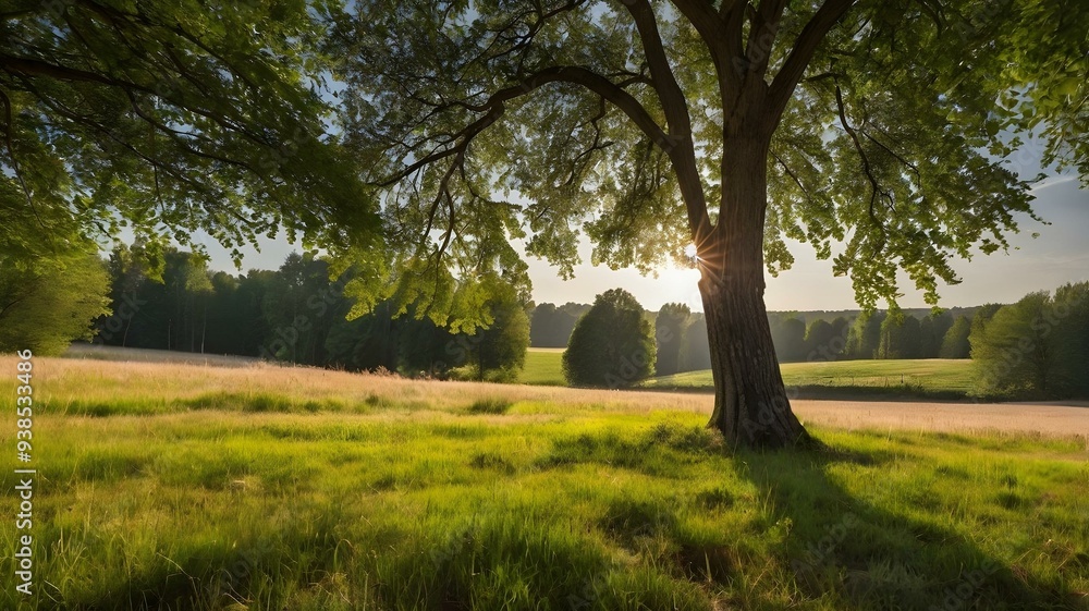 Landscape in summer with trees and meadows in bright sunshine Landscape in summer with trees and meadows in bright sunshine