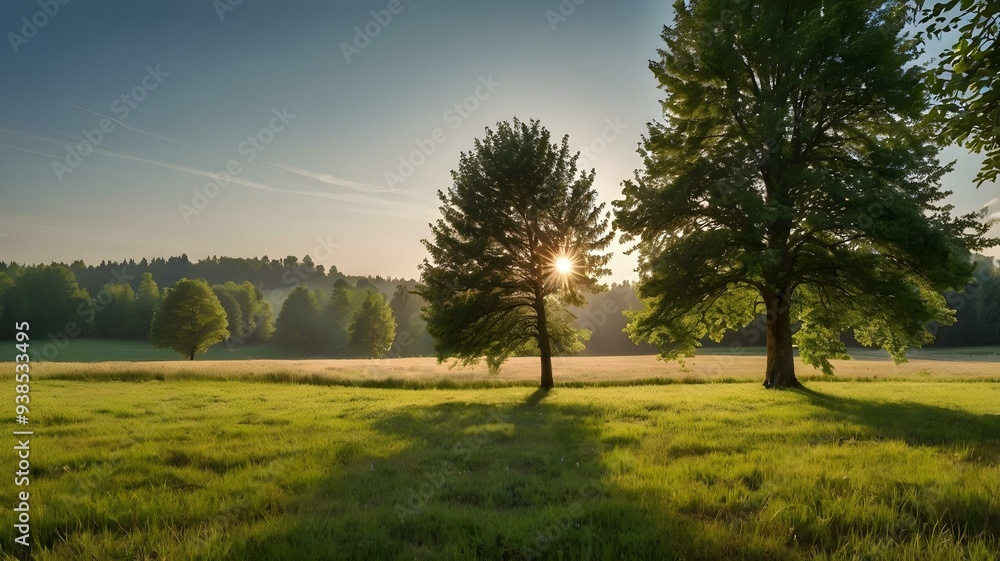 Fototapeta premium Landscape in summer with trees and meadows in bright sunshine