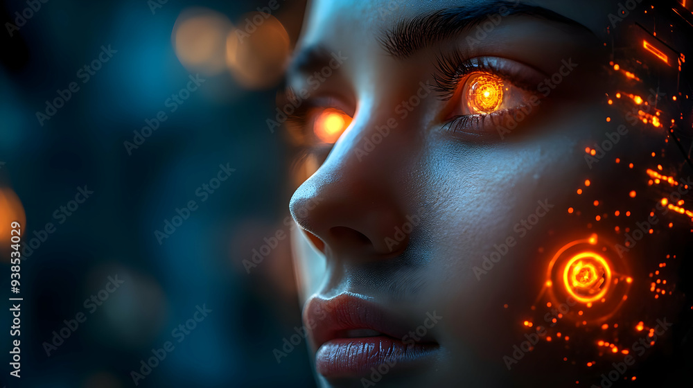 Closeup of a woman's face with glowing eyes and digital interface. Closeup of a woman's face with glowing eyes and digital interface.