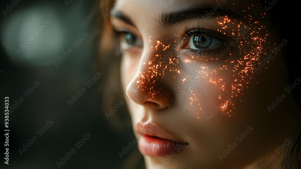 Closeup of a woman's face with glowing light under her eye.