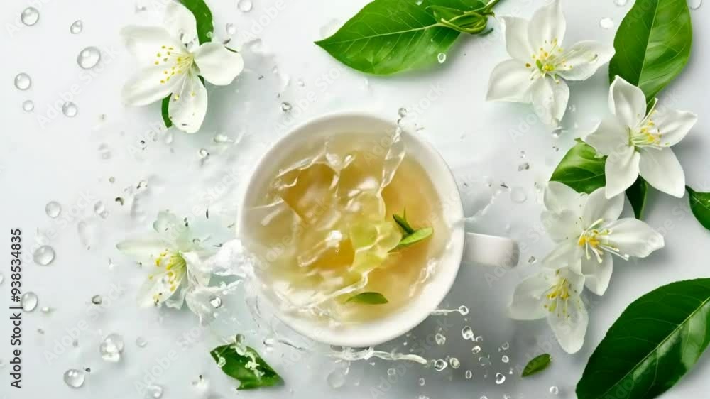 Jasmine green tea splashing in a cup on a white background. Jasmine green tea splashing in a cup on a white background.
