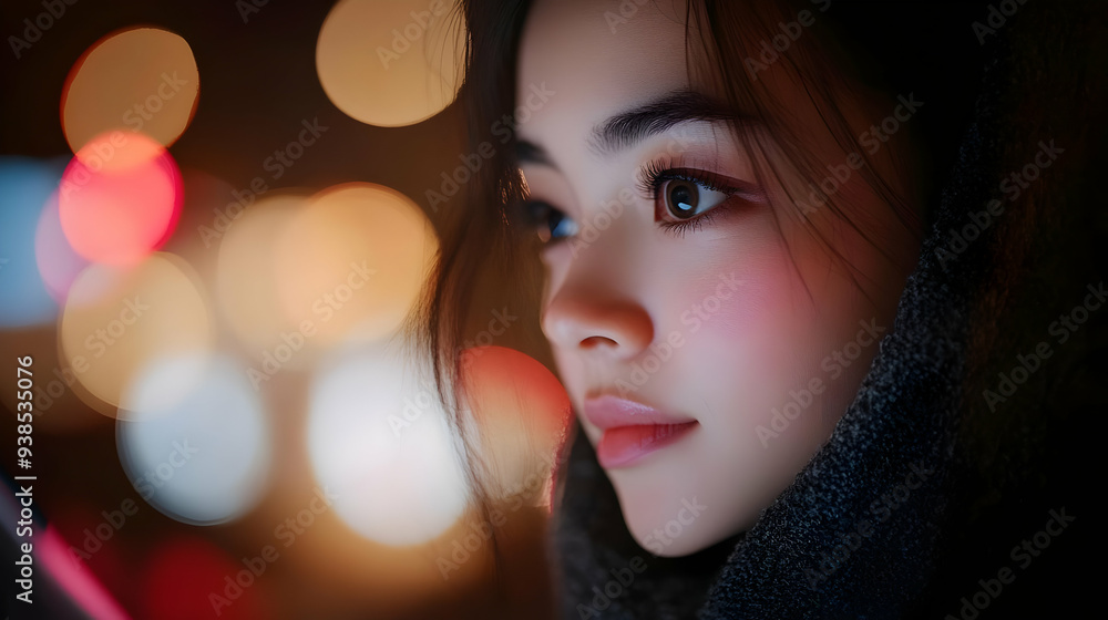 Close-up of a young woman's face, looking away from the camera with soft lighting and blurred background. Close-up of a young woman's face, looking away from the camera with soft lighting and blurred background.