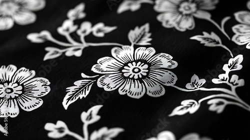 Black and white intricate floral jaal block print in gamthi cotton : Generative AI photo