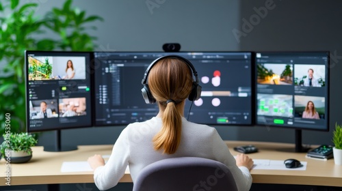 Woman Editing Video Content on Multiple Monitors