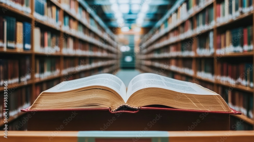 A shelf full of books in a school library, with one open book as the focal point A shelf full of books in a school library, with one open book as the focal point