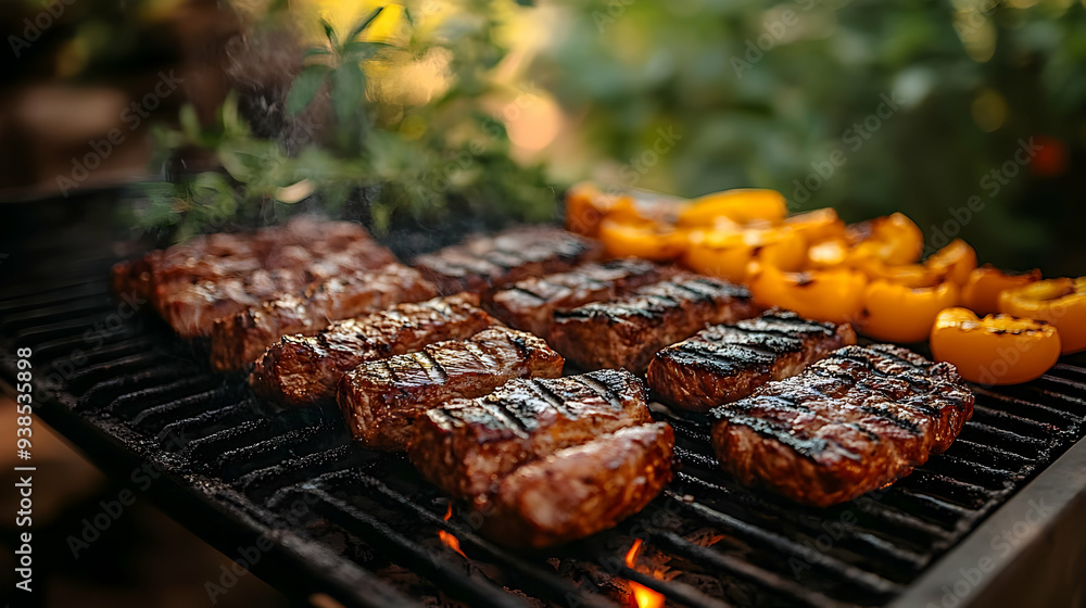 Close-up of grilled meat and vegetables on a barbecue grill. Close-up of grilled meat and vegetables on a barbecue grill.