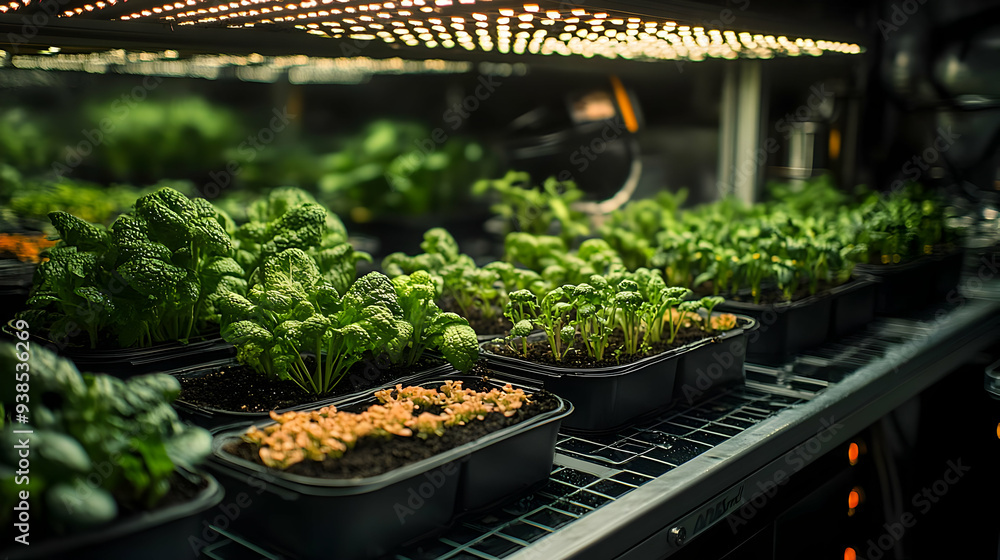 Close-up of seedlings growing under a grow light in a black container. Close-up of seedlings growing under a grow light in a black container.