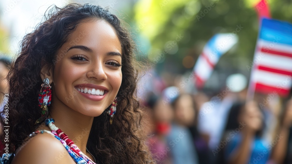 Smiling woman with curly hair at lively outdoor event, flags in background Smiling woman with curly hair at lively outdoor event, flags in background