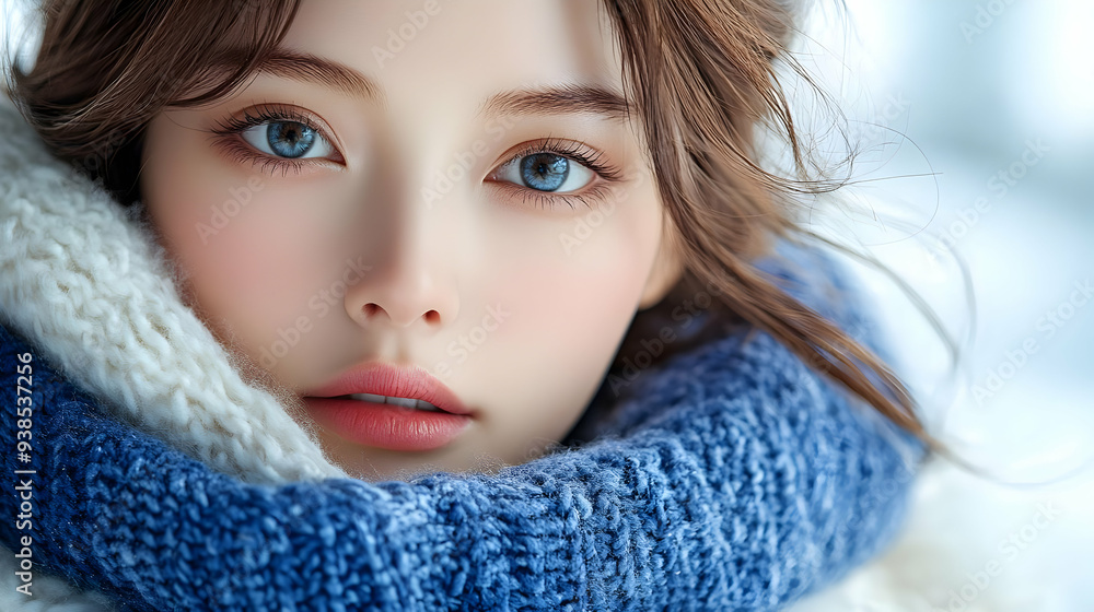 Close-up portrait of a beautiful young woman with blue eyes wearing a blue and white knitted scarf. Close-up portrait of a beautiful young woman with blue eyes wearing a blue and white knitted scarf.