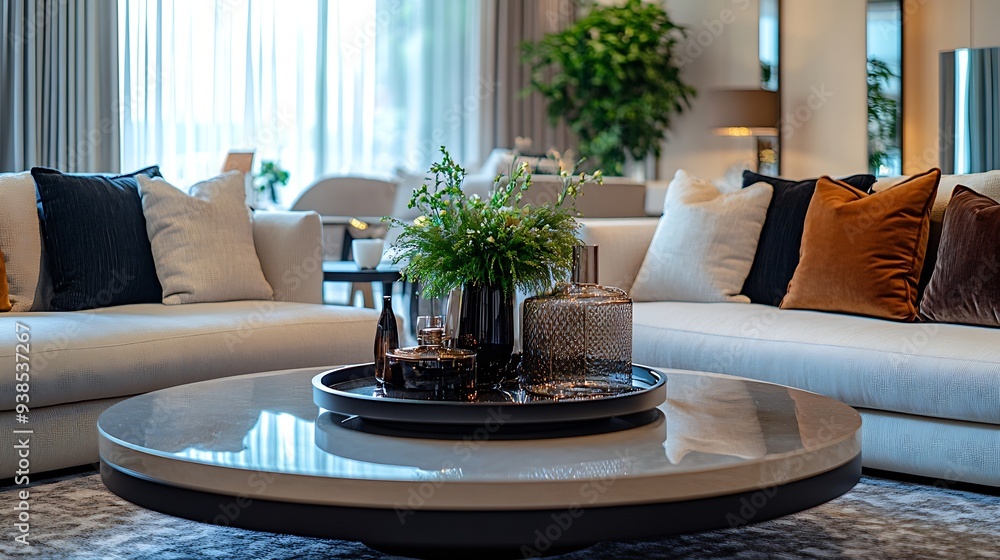 © Generative AI - Living room lounge area in luxury apartment show home showing interior design decor furnishing with coffee table : Generative AI