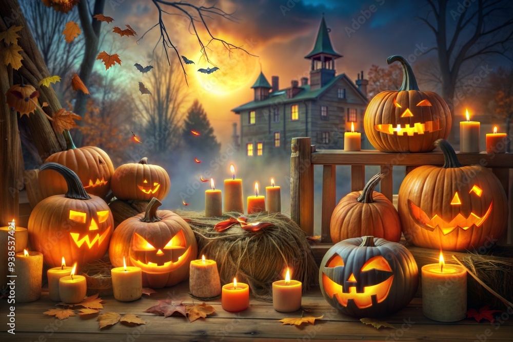 Halloween night with a spooky house, creepy pumpkins, candles, bats and full moon. Halloween background Halloween night with a spooky house, creepy pumpkins, candles, bats and full moon. Halloween background