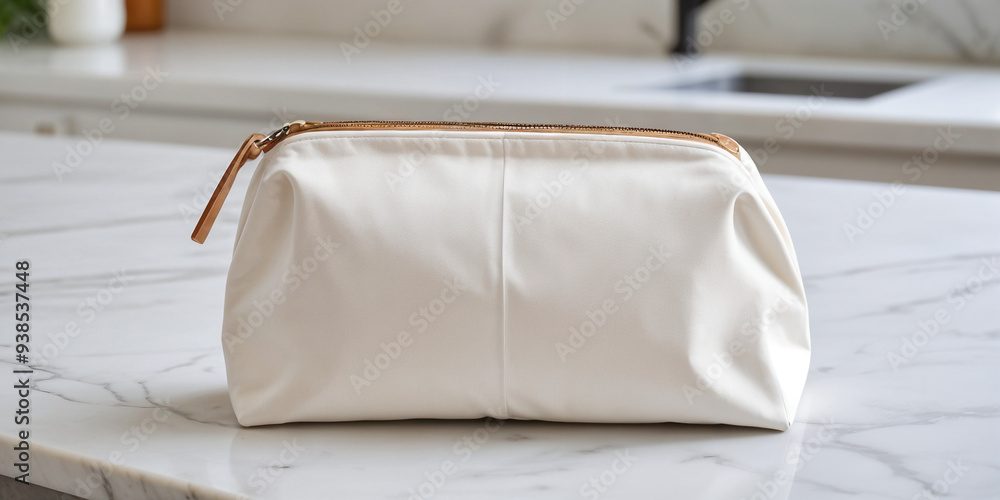 Cosmetic bag with zipper for makeup and beauty tools. Modern realistic mockup of fabric pouch with zip for toiletry, soap and body care products.