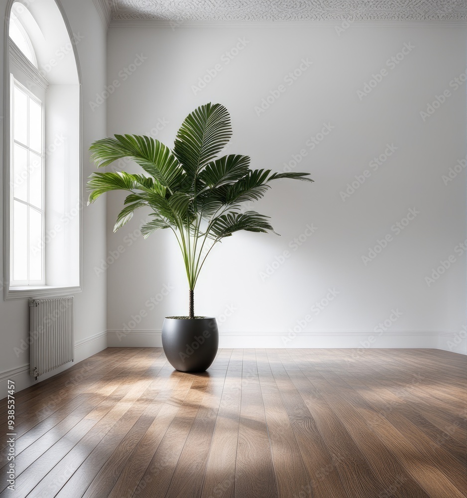 An empty white room with a wooden floor and a potted plant An empty white room with a wooden floor and a potted plant