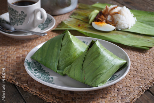 Coconut Rice with Banana Leaf or malay called Nasi Lemak Daun Pisang