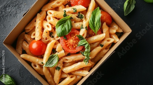 Casarecce pasta with tomato and basil in a taking away box food delivery from the restaurant to your home Top view : Generative AI